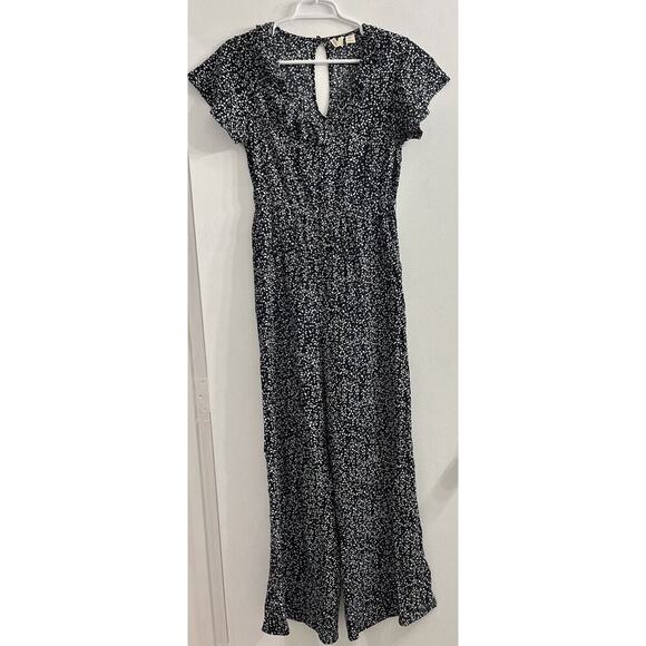 ROXY Mesa Morning Short Sleeve Jumpsuit Pants XS Black White Wide‎ Leg - Picture 1 of 15